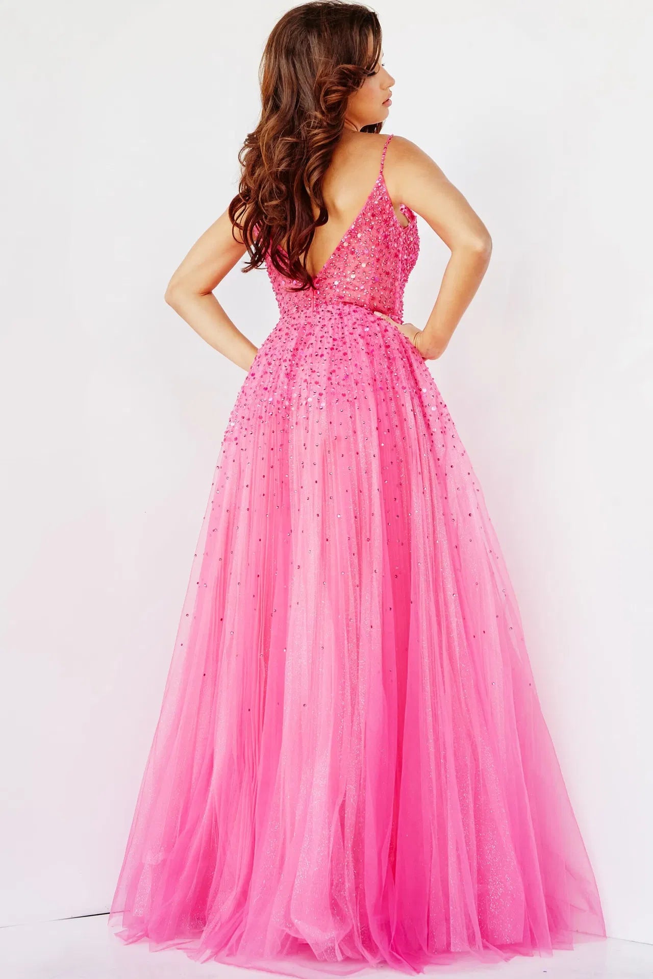 08408 Fuchsia Spaghetti Straps Embellished Ballgown