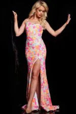 Orange Fuchsia One Shoulder Sequin Dress 26131