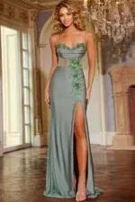 Elegant Satin Gown With Floral Embroidery And Corset Back 42227