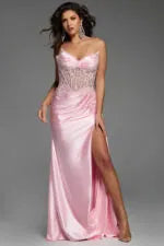 Corset Satin Gown With Floral Appliqués And High Slit 43848