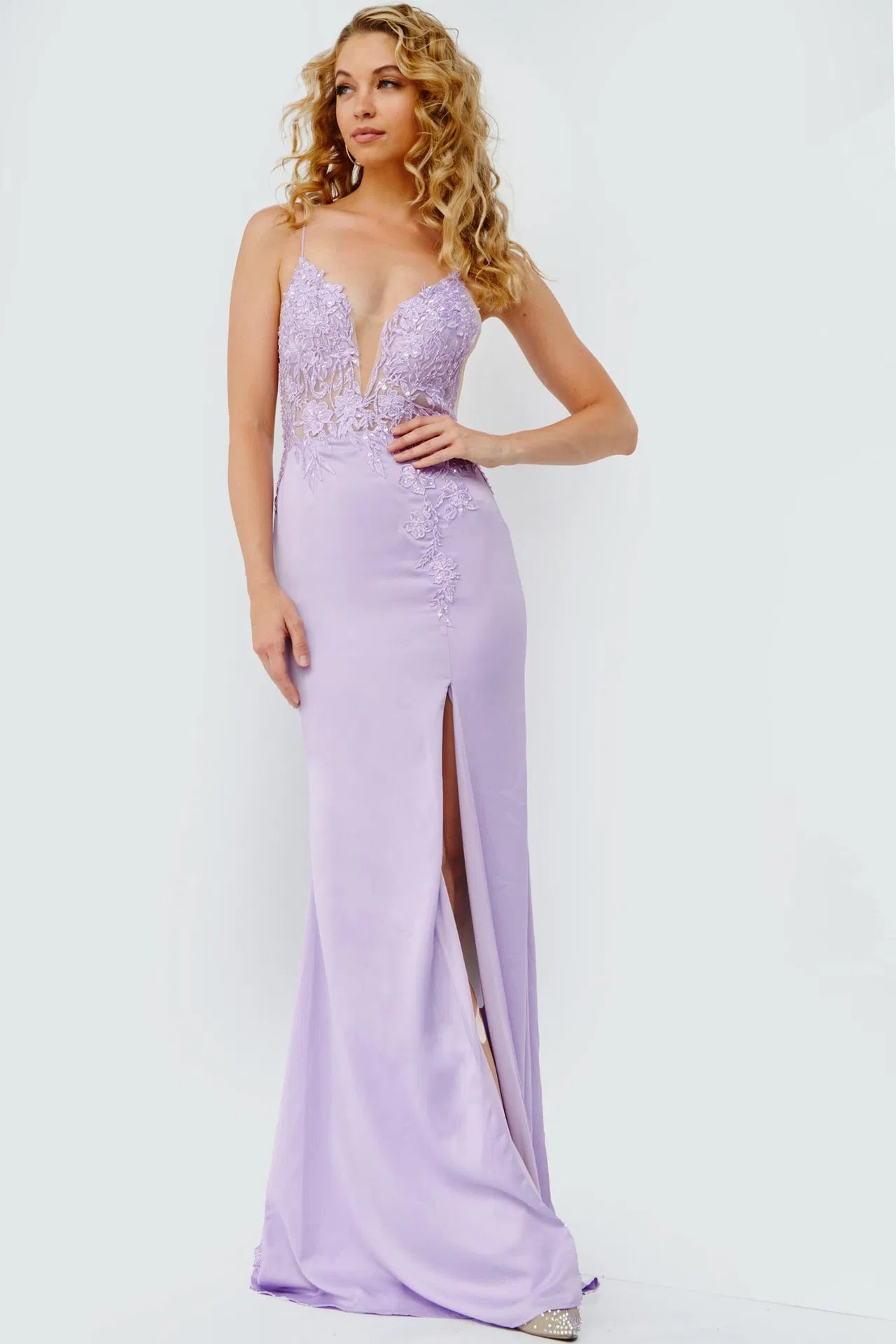 23124 Lilac Embroidered Bodice Plunging Neck Prom Dress