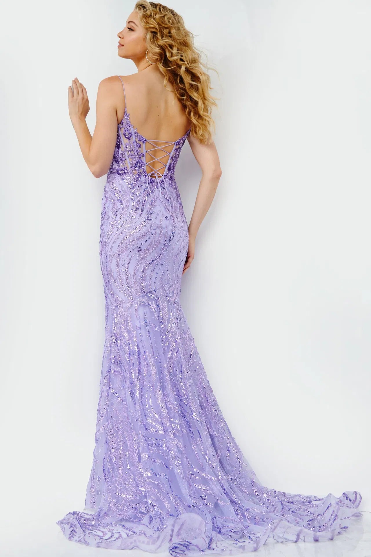 23250 Lilac Tie Back Embellished Prom Dress