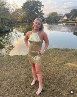 Gold halterneck cocktail dress