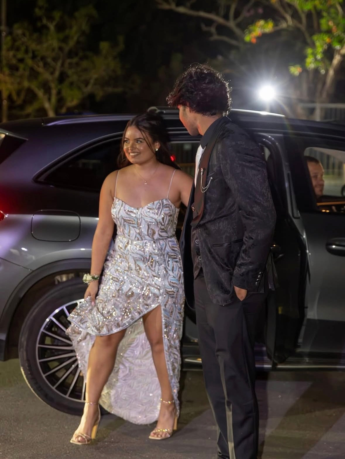 Silver embellished evening dress