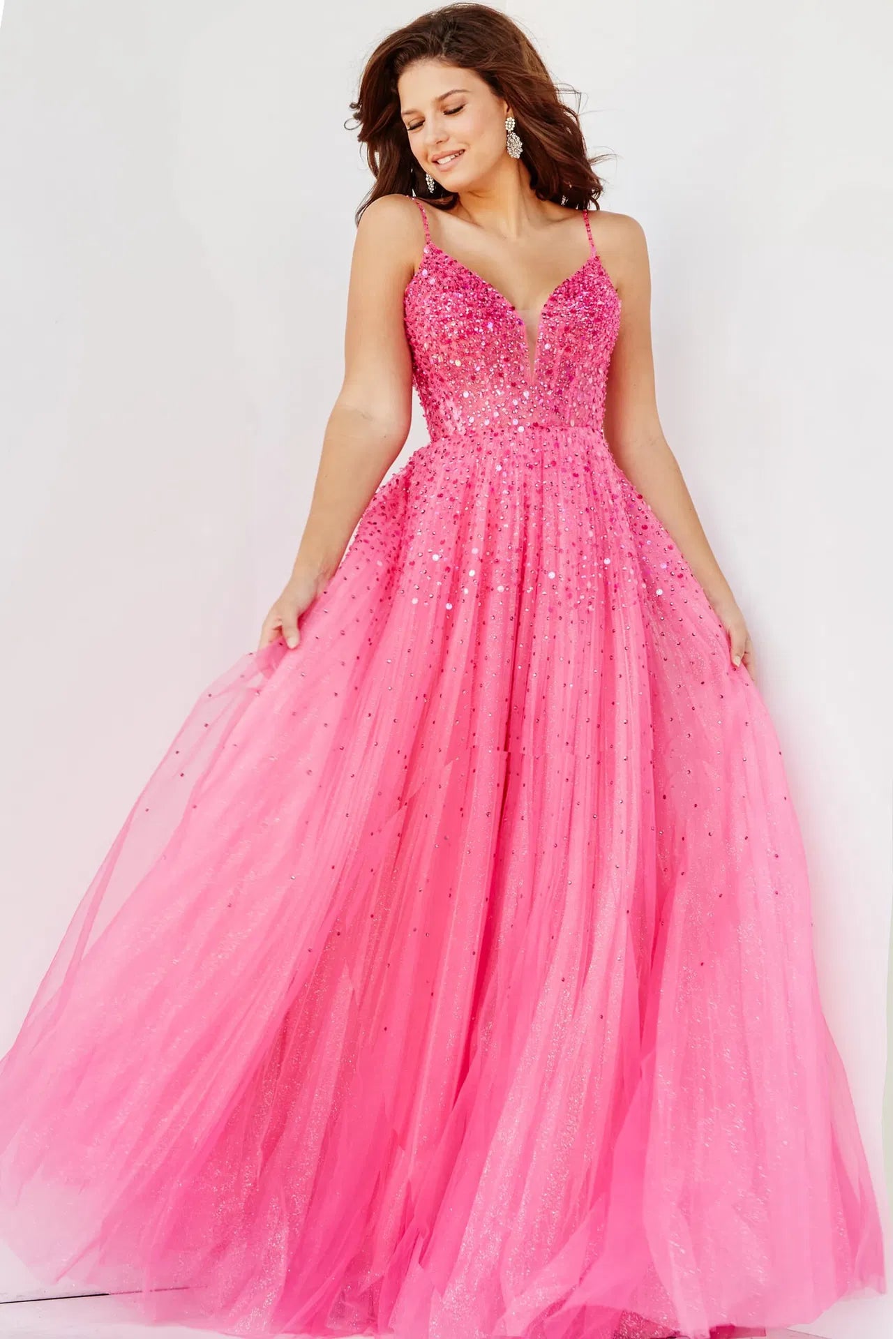 08408 Fuchsia Spaghetti Straps Embellished Ballgown