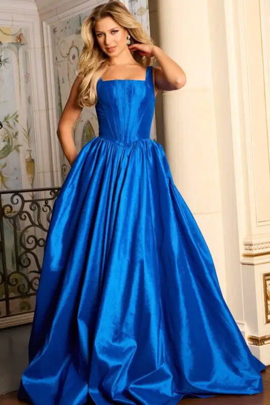Square Neck Ball Gown With Box Pleats and Thick Straps 45213