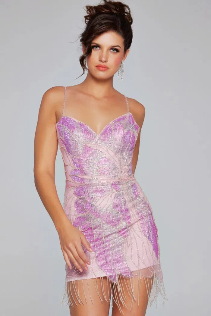 Embellished Lilac V Neckline Short Dress 40377
