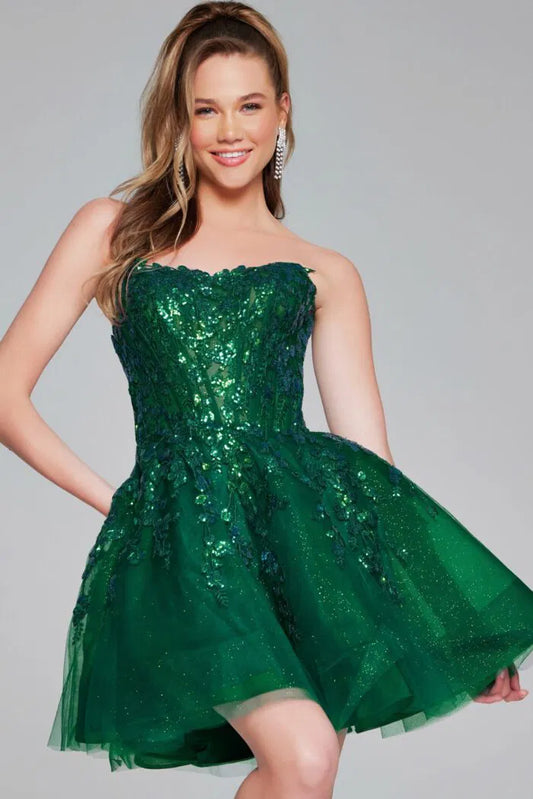 Strapless Embellished Green Fit and Flare Dress 40385