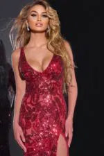 Sheer Sequin Floral Gown with Deep V-Neck 40755