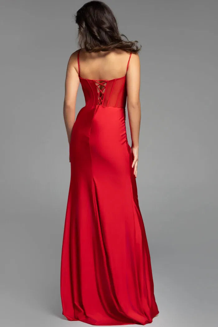 Elegant Satin Gown With Floral Embroidery And Corset Back 42227