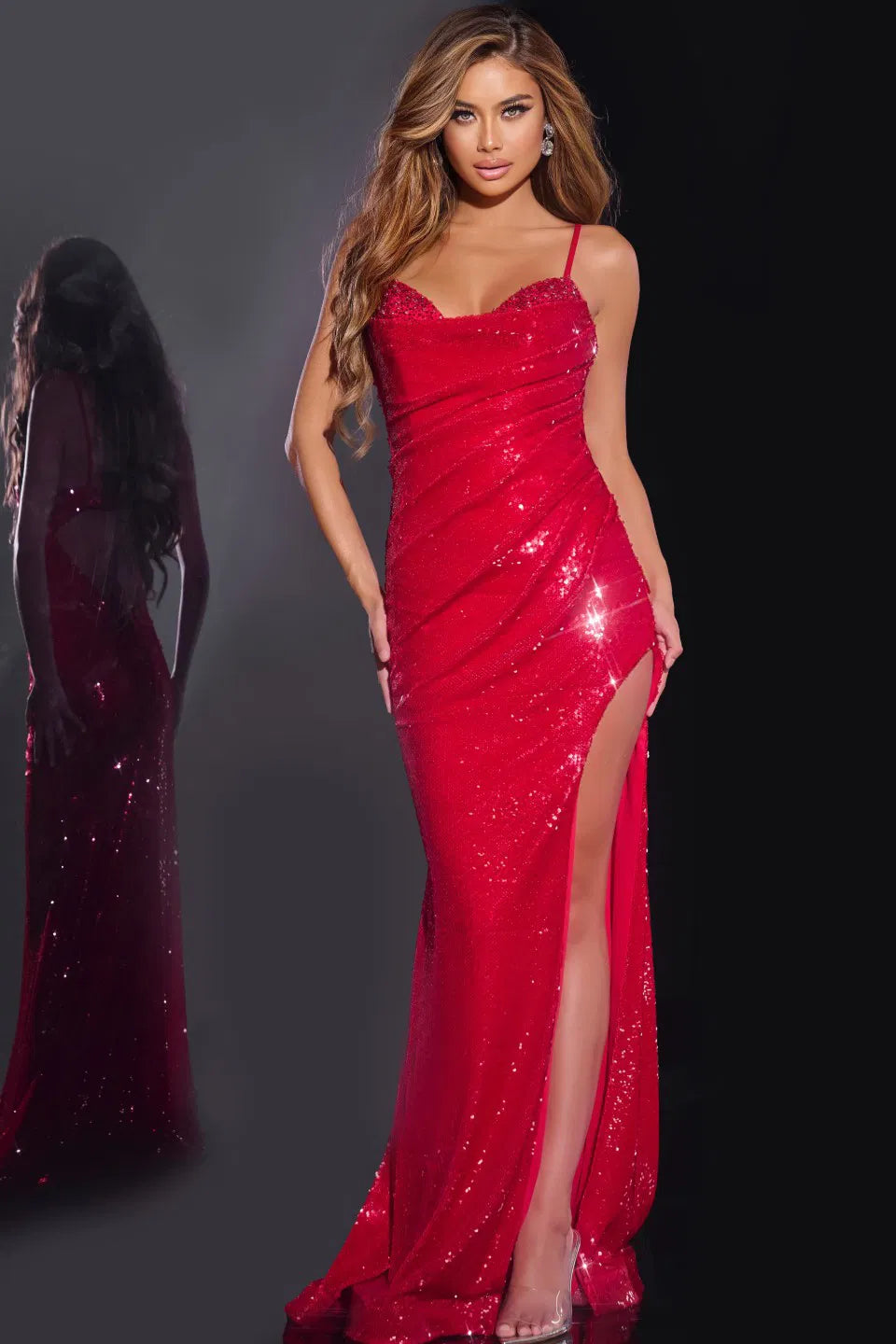 Sequin Gown with Sweetheart Neckline and High Slit 42379