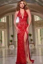 Halter Plunge Gown with Lace Overlay and High Slit 42724