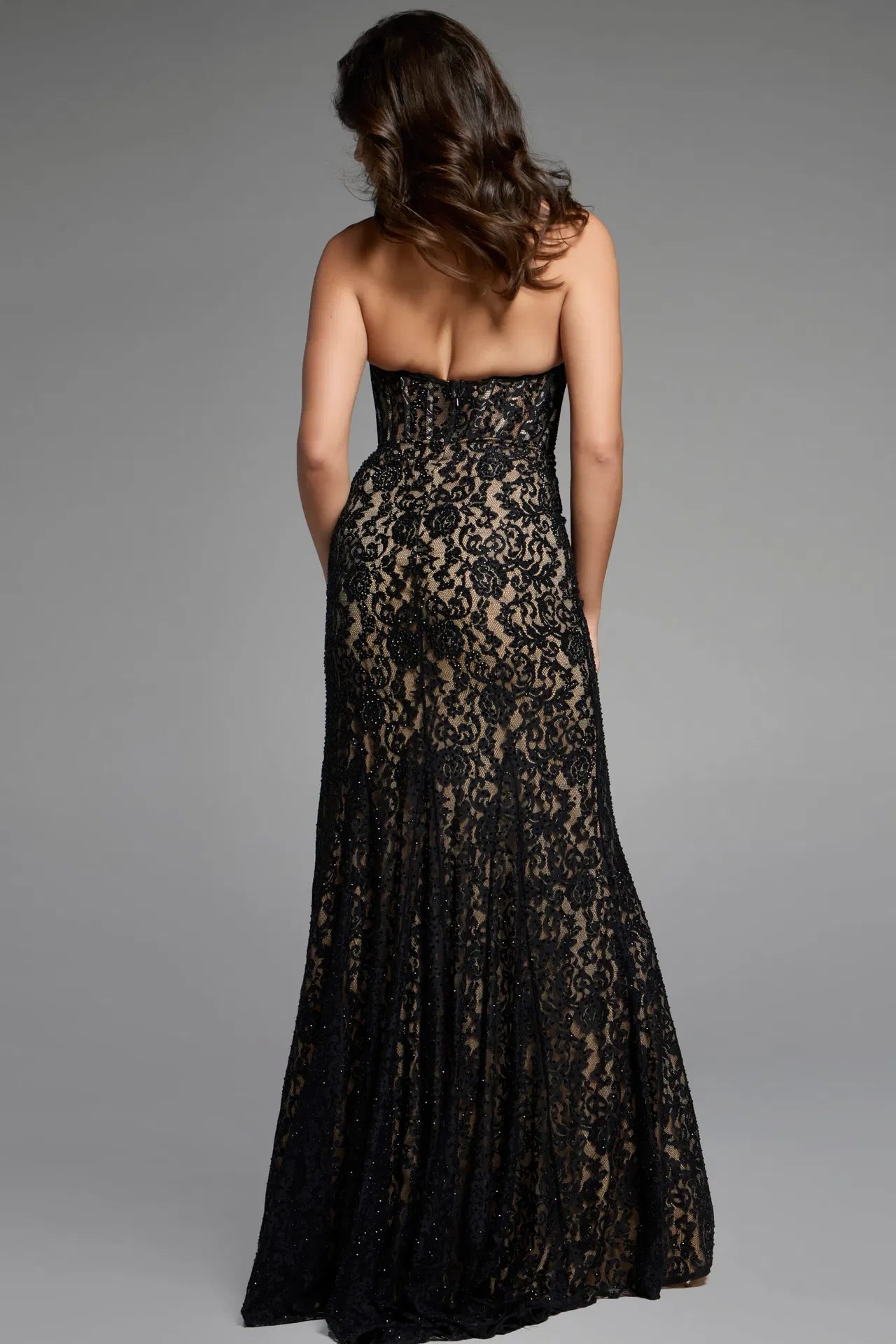 Halter Plunge Gown with Lace Overlay and High Slit 42724