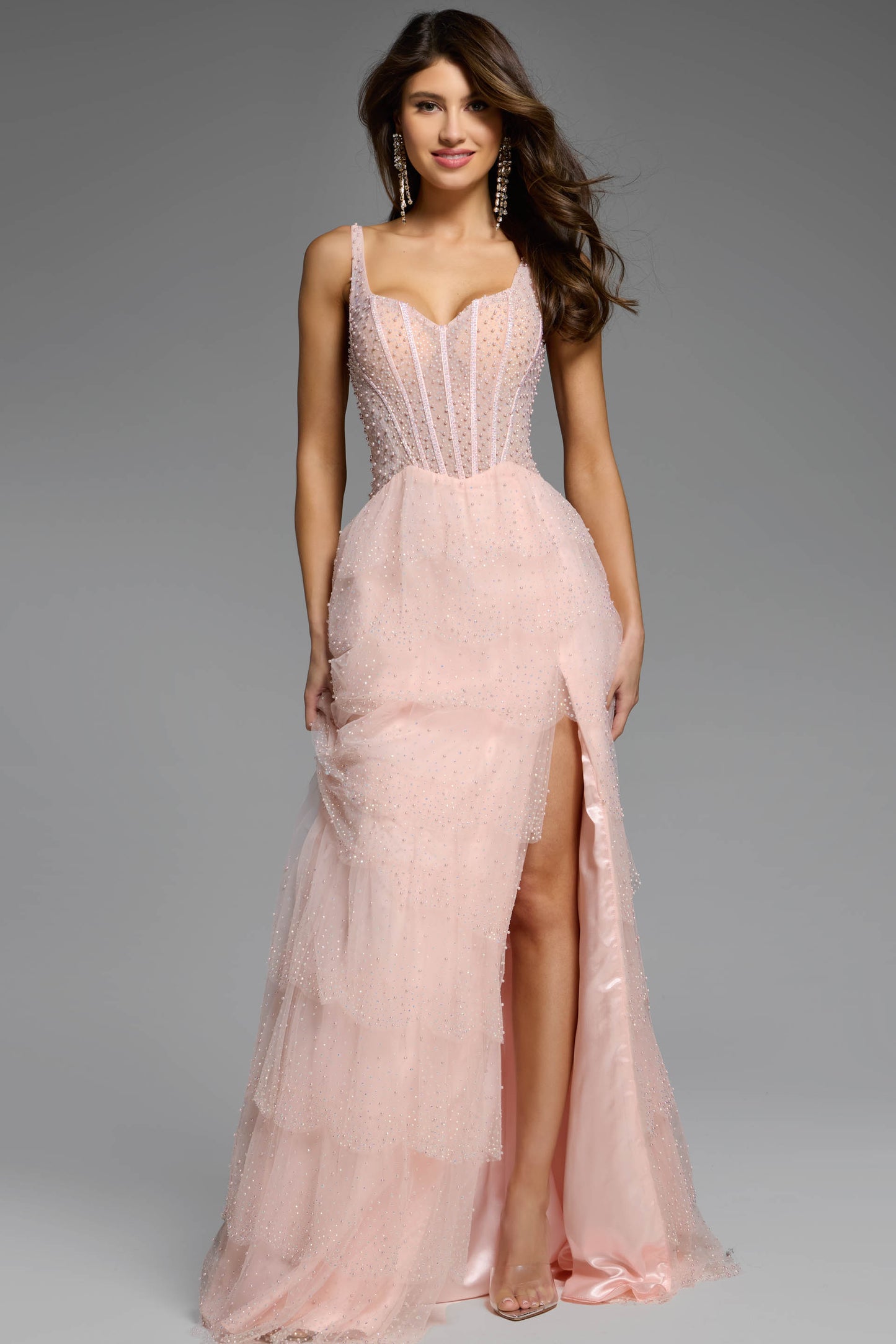 Tiered Sequin Gown with Sheer Corset Bodice 43193