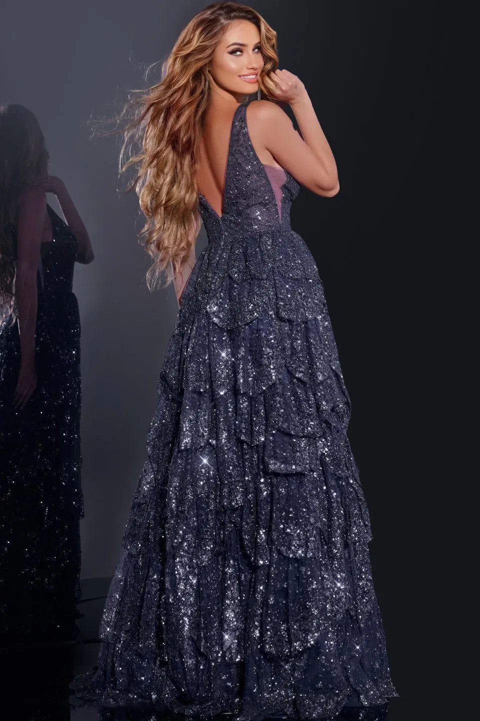 Sleeveless V-Neck Gown with Sequin Layers 43198