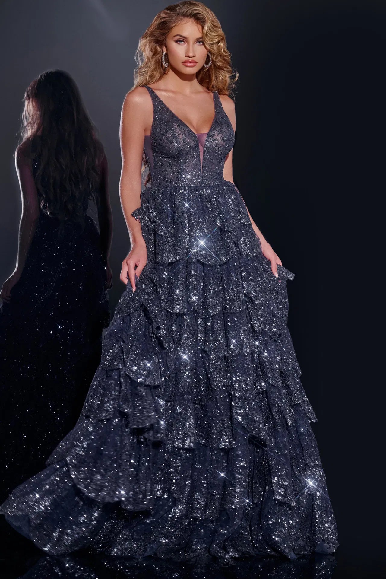 Sleeveless V-Neck Gown with Sequin Layers 43198