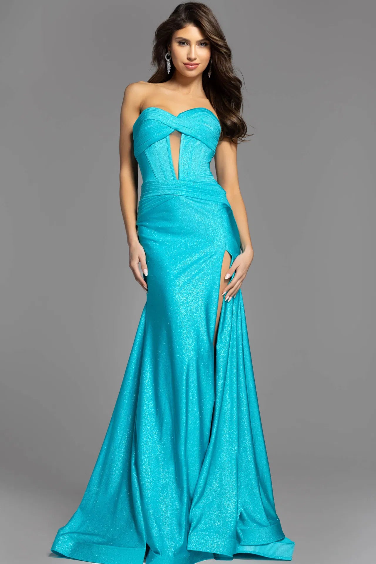 Strapless Glitter Gown With Keyhole Cutout And High Slit 43419