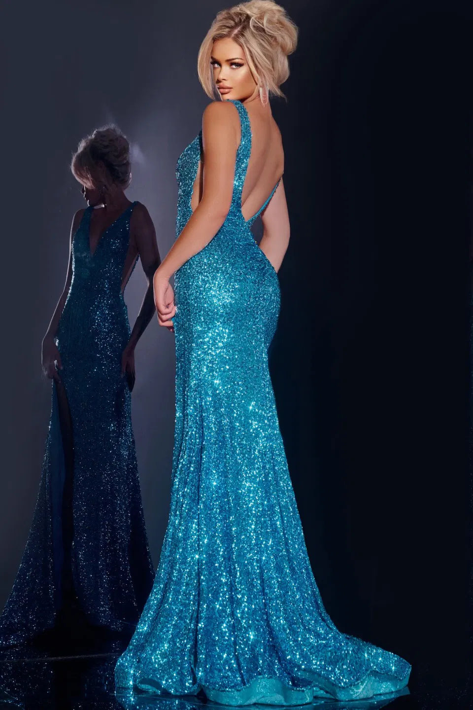 Glittering V-Neck Gown with High Slit 43725