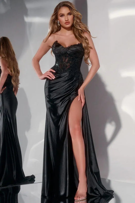 Corset Satin Gown With Floral Appliqués And High Slit 43848