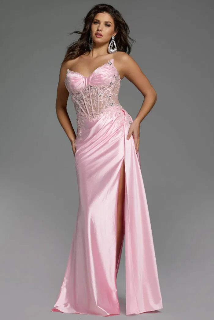 Corset Satin Gown With Floral Appliqués And High Slit 43848