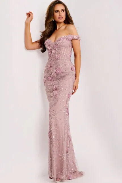 Off-Shoulder Floral Embroidered Gown with Fitted Silhouette 44007