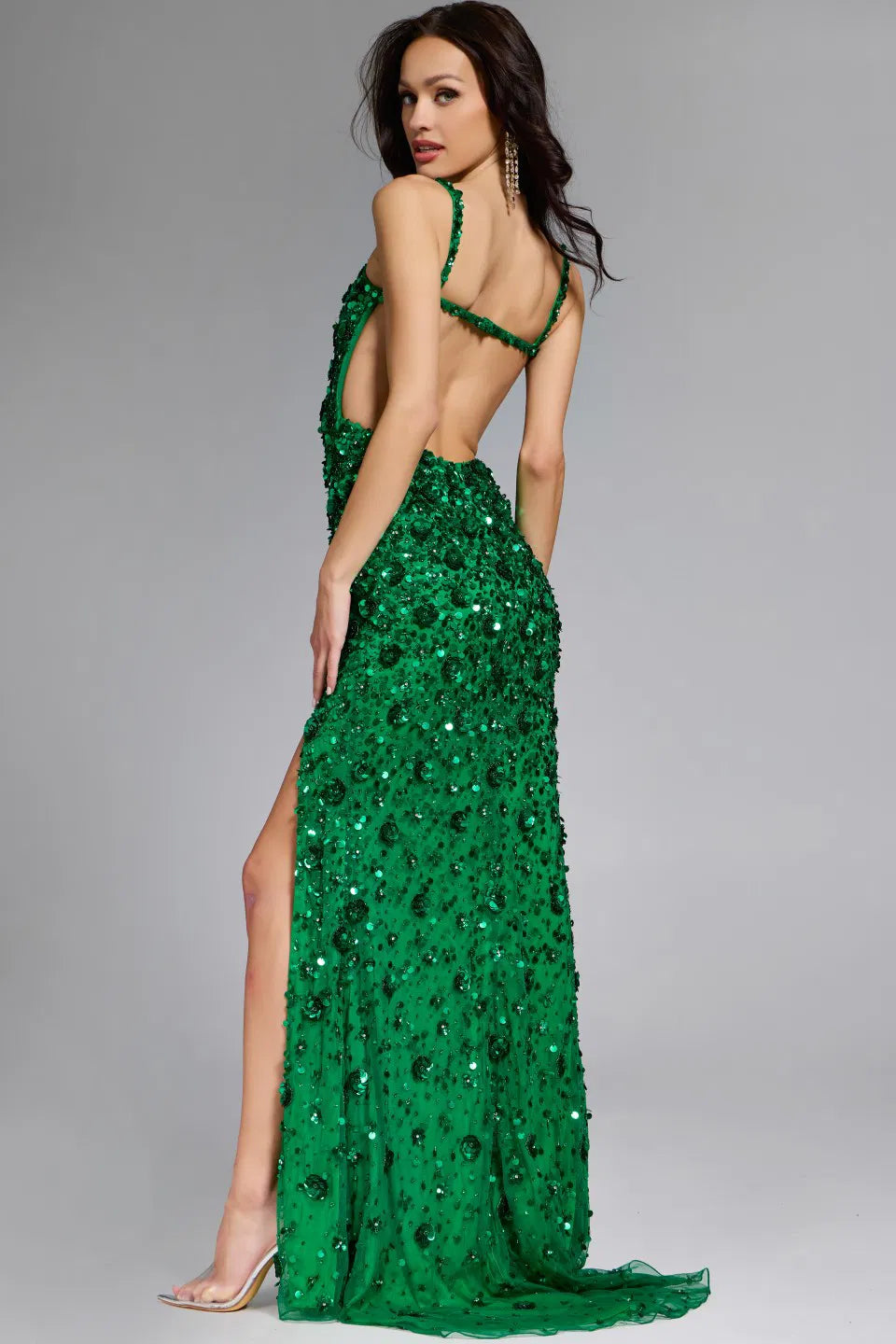 Elegant Sequin Embellished Gown with Plunging Neckline 44440