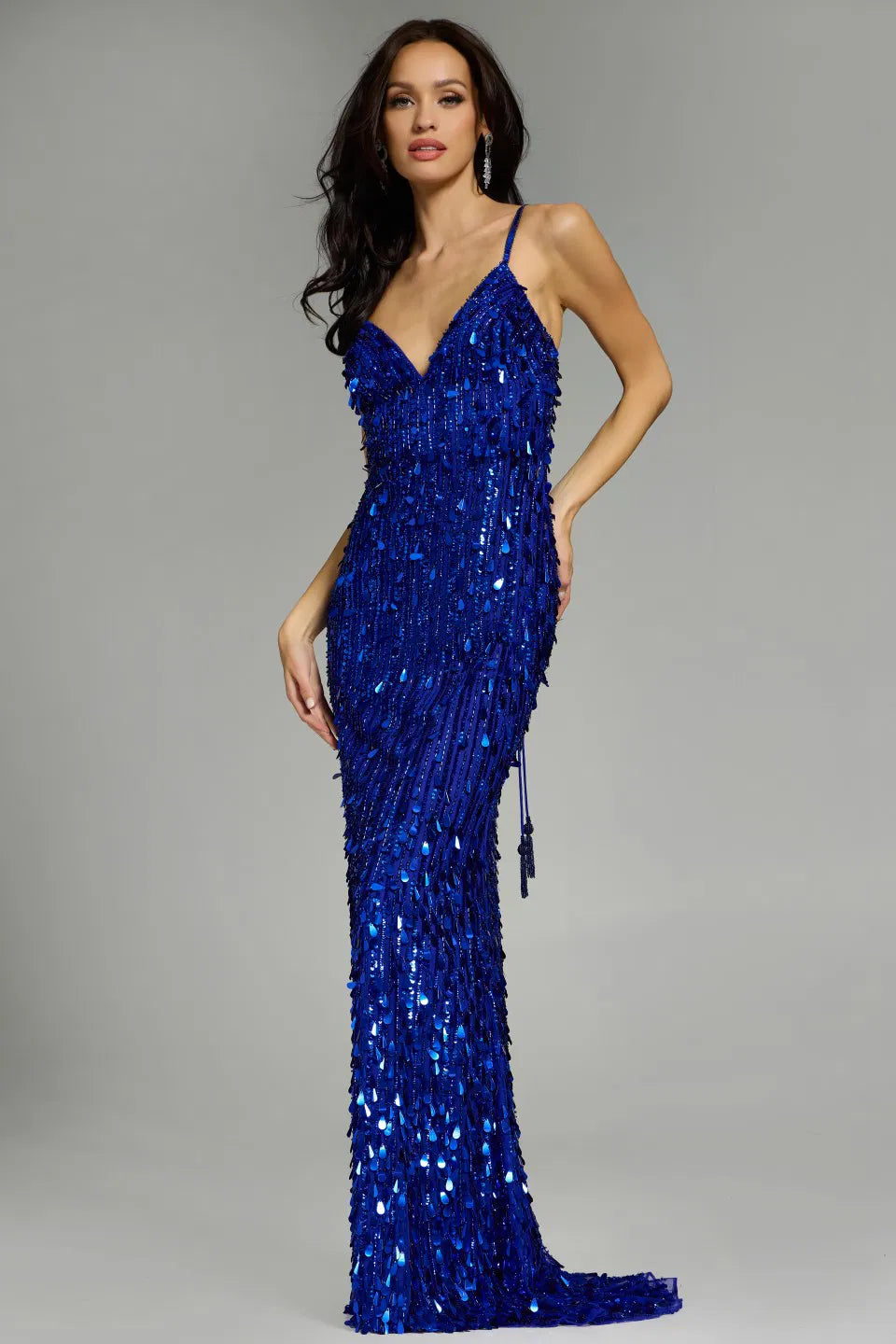 Sequined Gown with Plunging V-Neck and Crisscross Back 45262