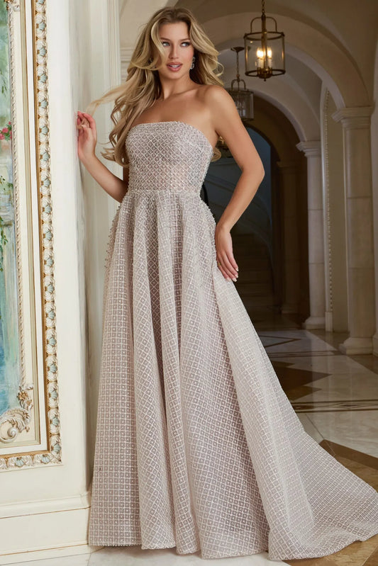 Strapless Textured A-Line Gown With Flowing Skirt 45788