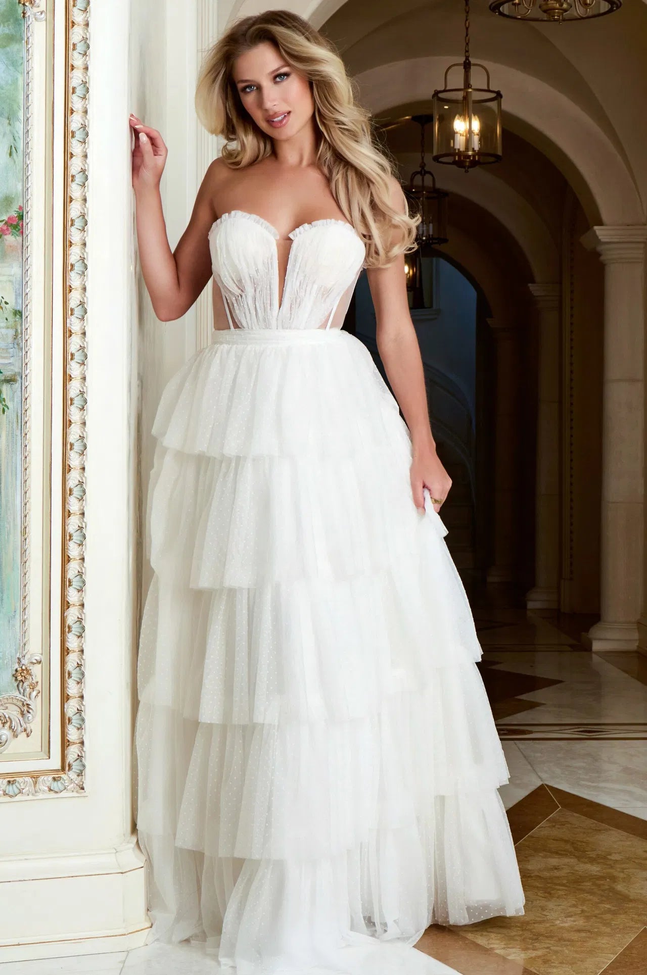 Tiered Tulle Gown With Sheer Corset Bodice 45859