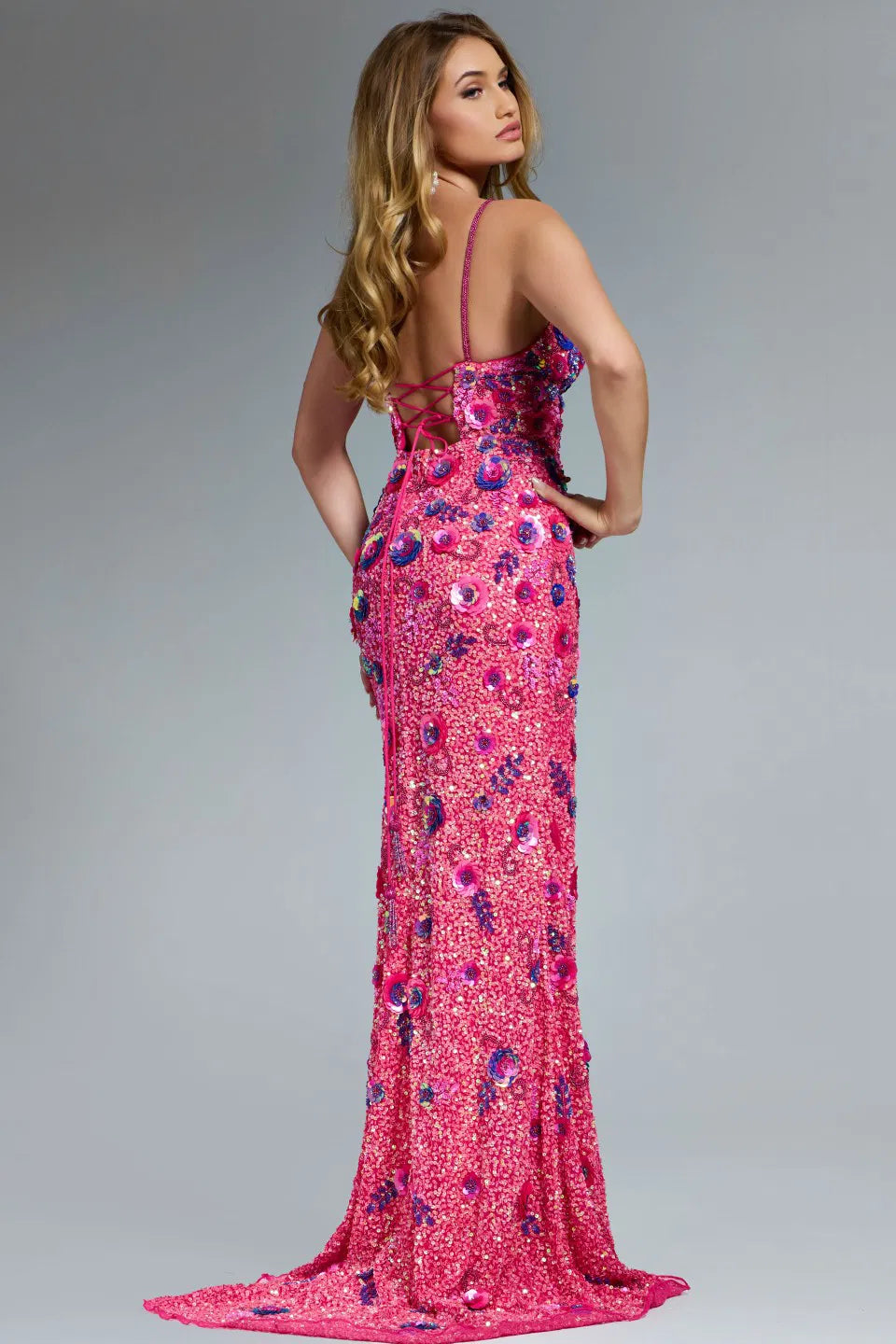 Sleeveless Gown with Plunging Neckline and Floral Embellishments 46097