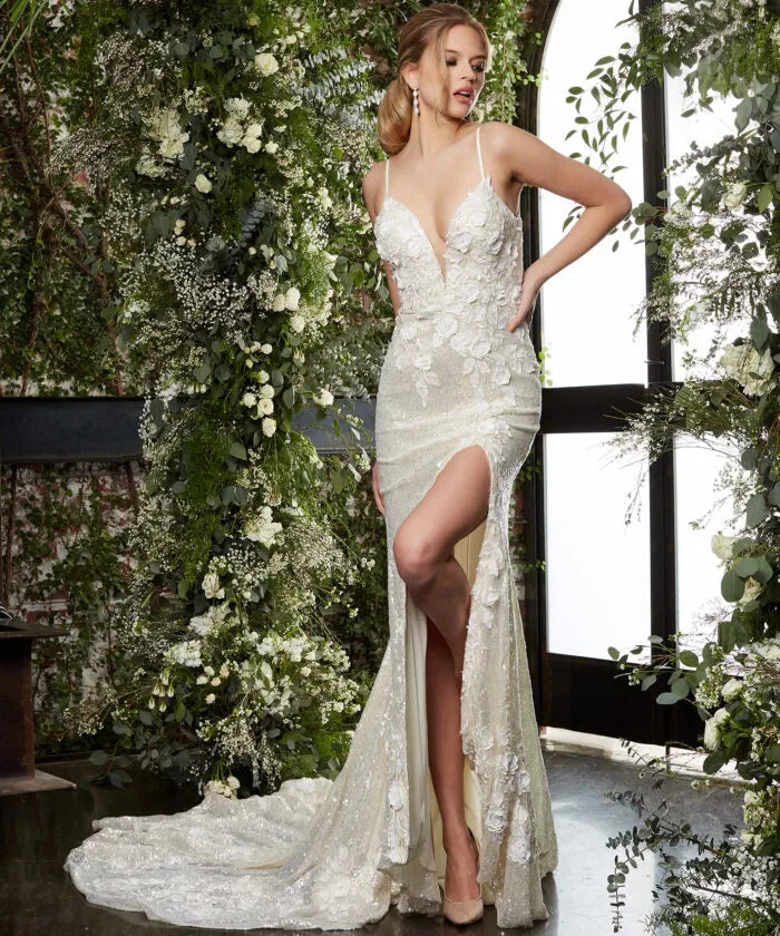 Jovani JB03592 Cream Sequin Spaghetti Strap Bridal Dress