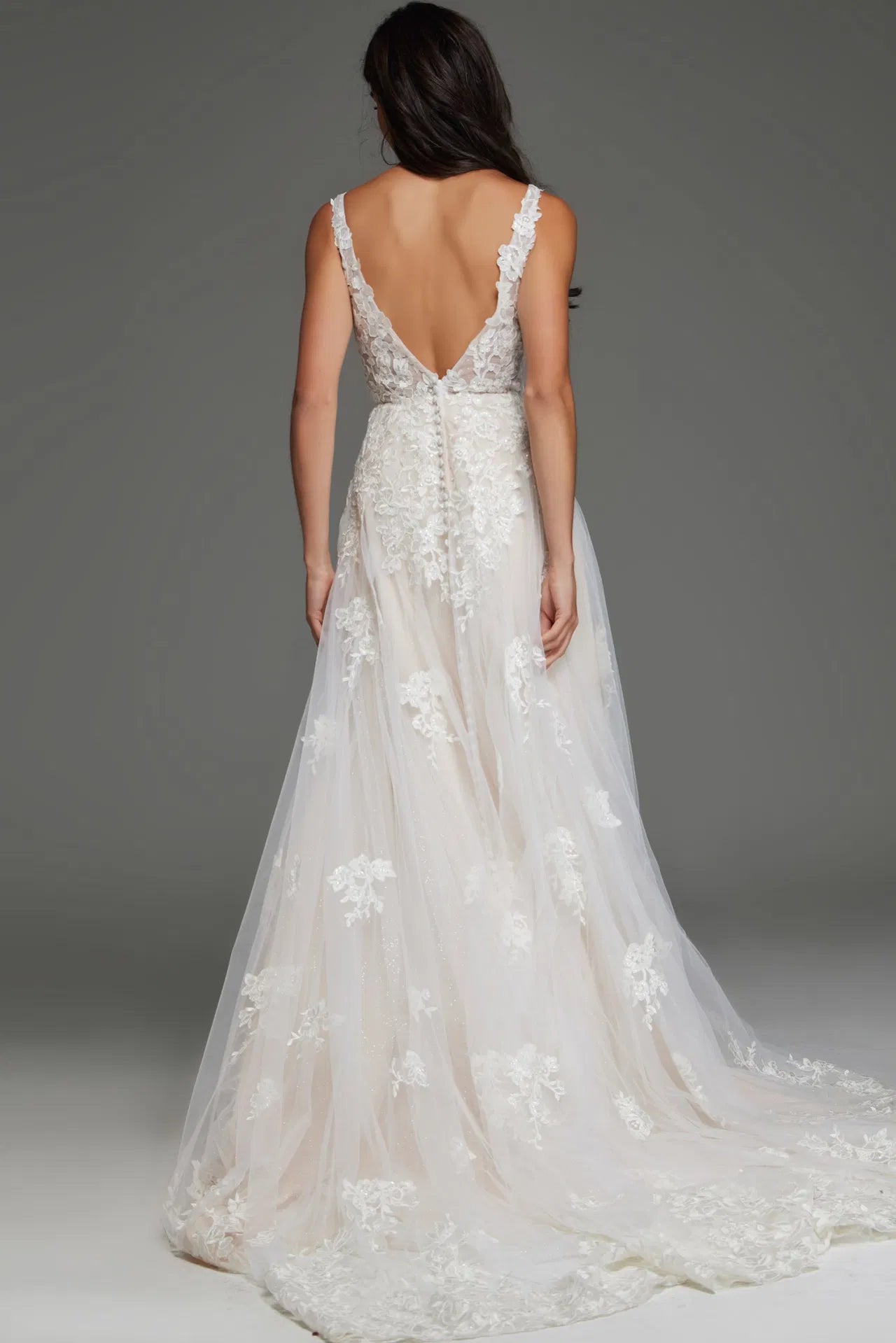 Floral Lace A-Line Bridal Gown with Plunging V Neck and Train JB220005