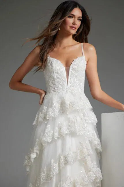 V Neckline Beaded Wedding Gown with Layered Skirt JB38641