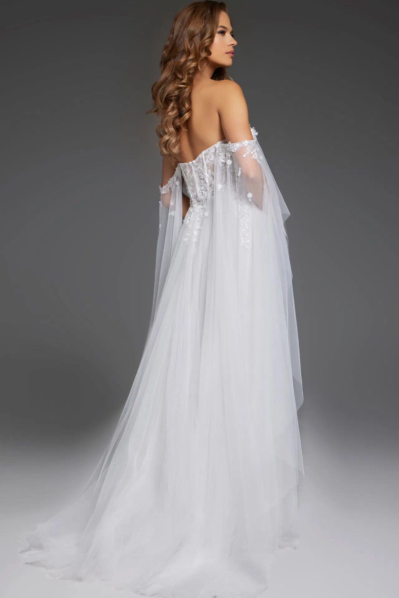 Off the Shoulder Sheer Bridal Gown with Floral Embellishments JB42480