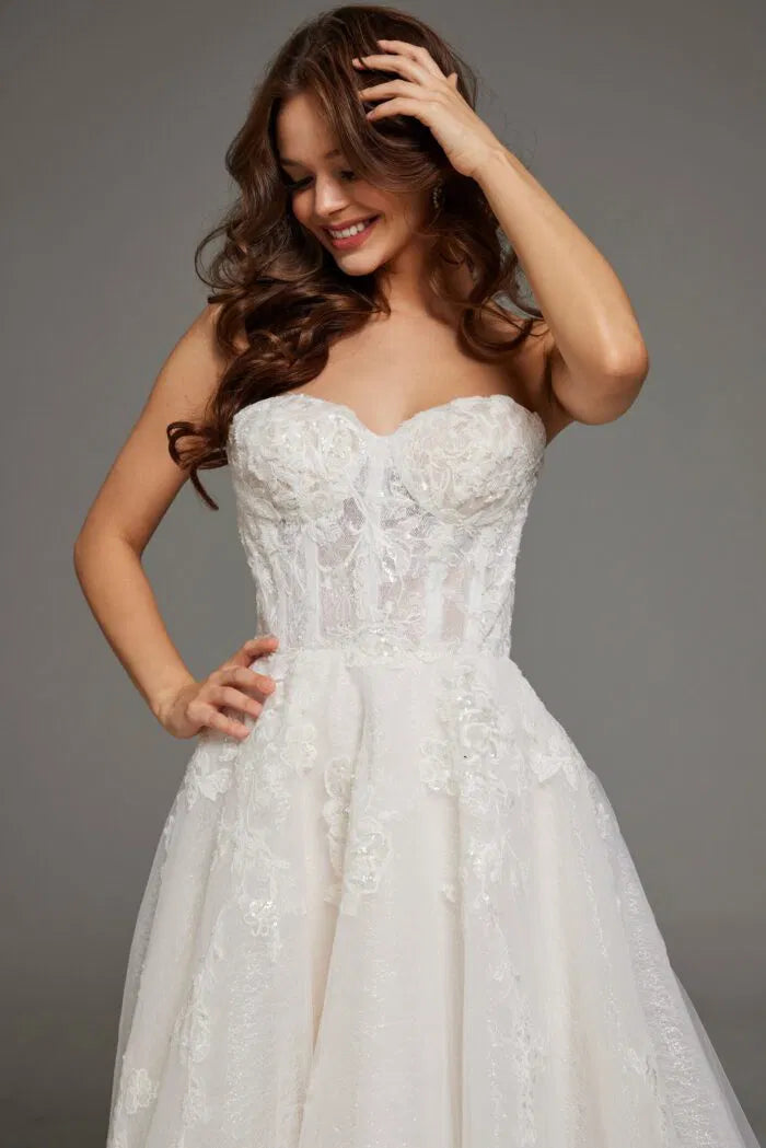 Strapless Lace Ball Gown with Embroidered Floral Appliqués JB43324