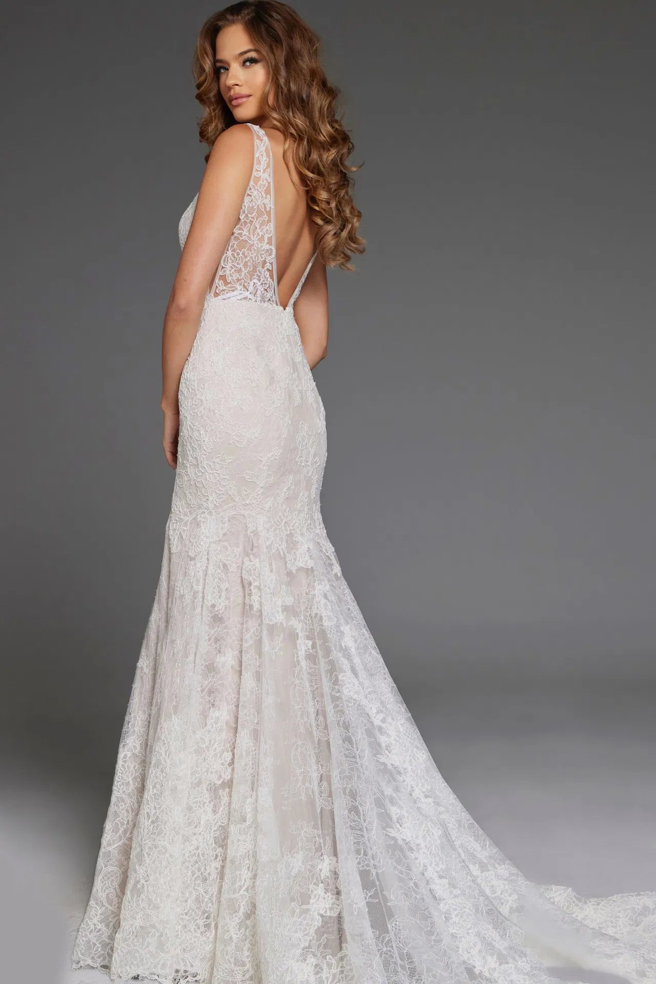 Intricate Lace Wedding Gown with Deep V Neckline and Flowing Train JB43894