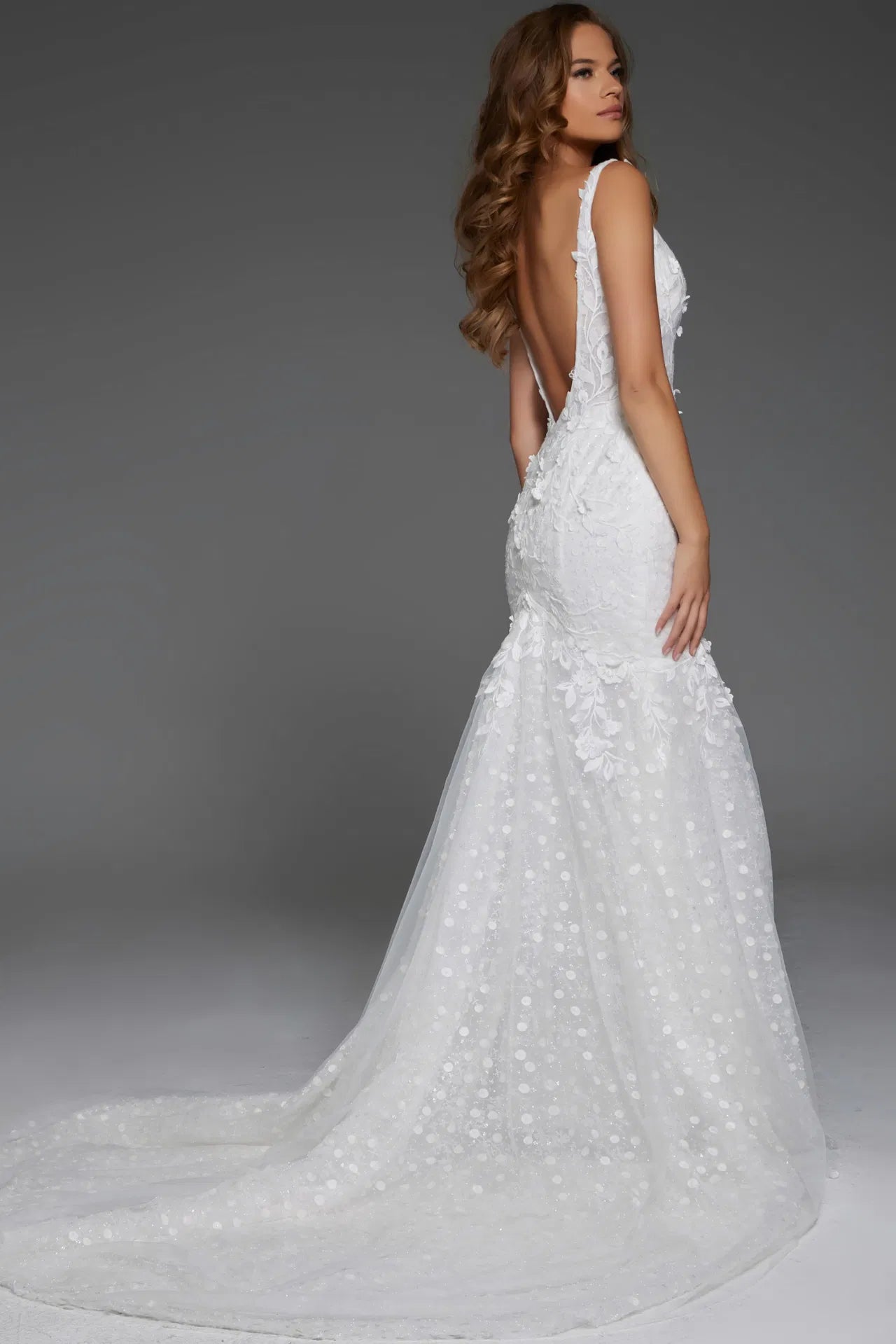 Floral Lace Bridal Gown with Deep V-Neckline JB43961