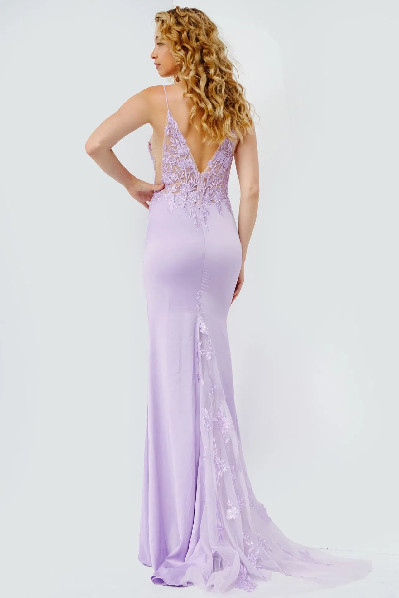 23124 Lilac Embroidered Bodice Plunging Neck Prom Dress