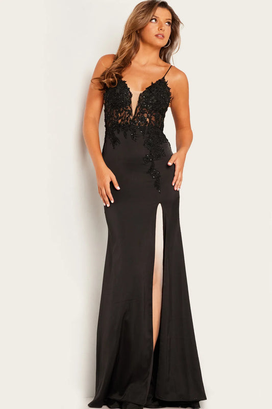 23124 Lilac Embroidered Bodice Plunging Neck Prom Dress