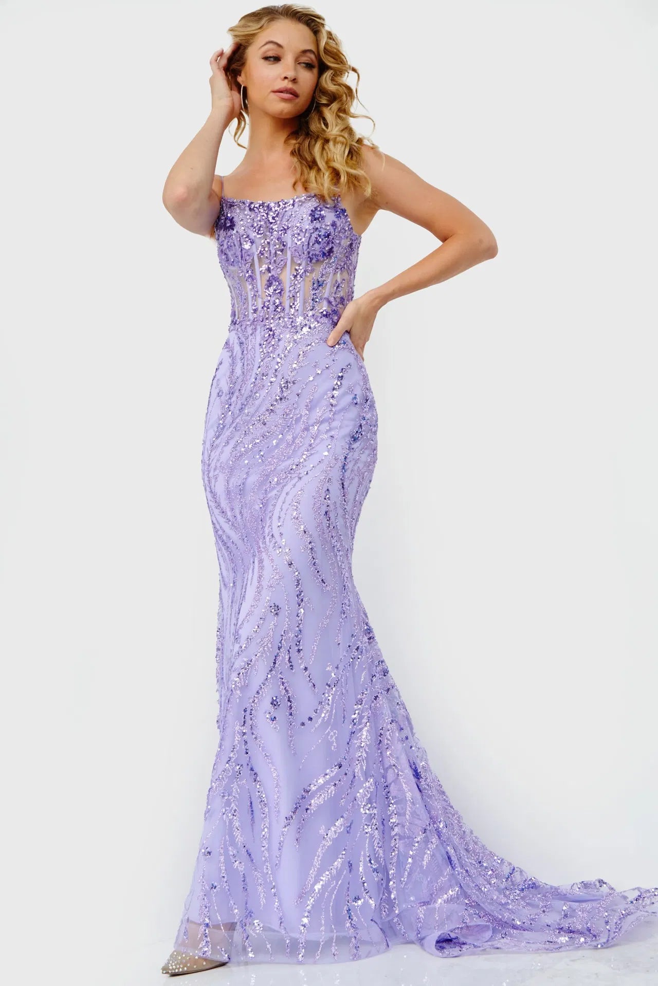 23250 Lilac Tie Back Embellished Prom Dress