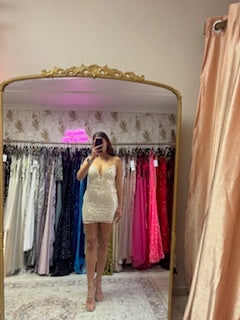 creme heavily beaded cocktail dress