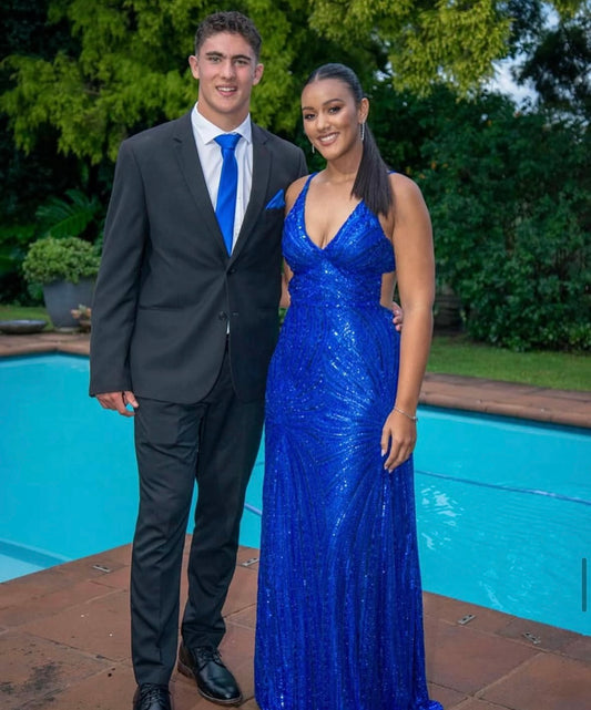 Royal blue heavily beaded matric dress